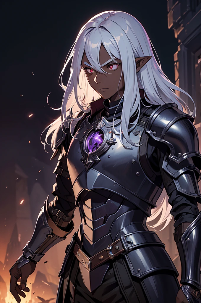 masterpiece, best quality, ultra high res, dark theme, 1boy, (dungeonpunk armor), (mechanical steampunk armor), (wearing armor), fantasy illustration, dark skinned, human, upper body, portrait, red eyes, long white hair, half-drow, pointy ears, serious face, young man, dramatic lighting, purple hue, art by Kinema Citrus