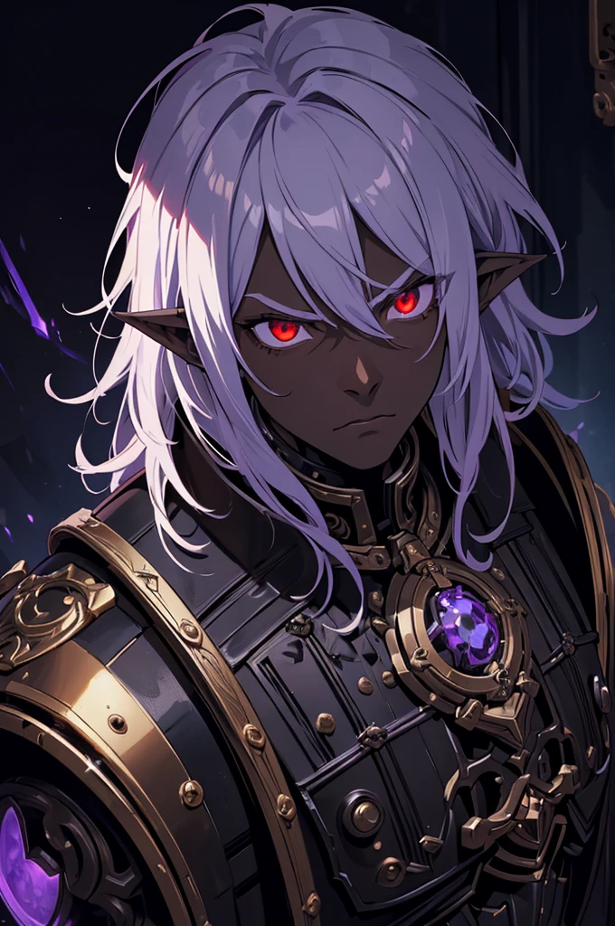 masterpiece, best quality, ultra high res, dark theme, 1boy, (dungeonpunk armor), (mechanical steampunk armor), (wearing armor), fantasy illustration, dark skinned, human, upper body, portrait, red eyes, long white hair, half-drow, pointy ears, serious face, young man, dramatic lighting, purple hue, art by Kinema Citrus