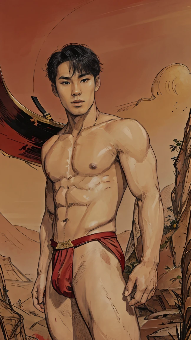 (photorealistic, masterpiece, best quality), handsome asian male, chinese man, young, slim athletic body, wearing only a loincloth, artistic and magical background, chinese mythology, lunar new year inspired, year of the dragon, reds and golds, fantasy art, comic artstyle