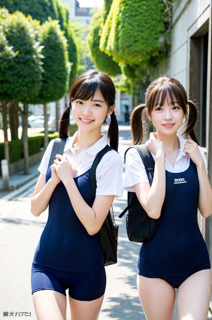 girls walking in sunny Japanese school street,navy blue school swimsuit with white trim,student bag,18-year-old,bangs,a little smile,thighs,knees,short hair with low pigtails bunches,from before,front light