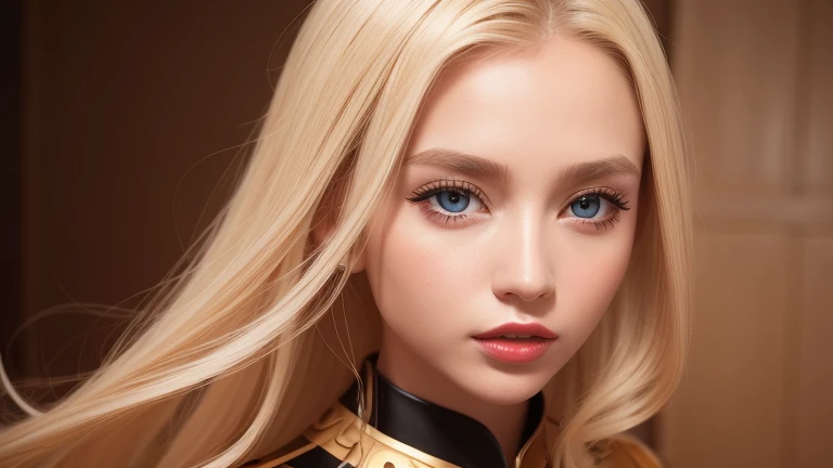 Woman with beautiful face、Blonde、mini skirt、Background is gold、 Beautiful woman、18-year-old、Beautiful woman、Ultra-realistic photos、High resolution photos、Red lipstick Andalorian style metal armor skirt suit、Big eyes、Less exposed skin、Don&#39;t take your head off the screen、Skirt without slit