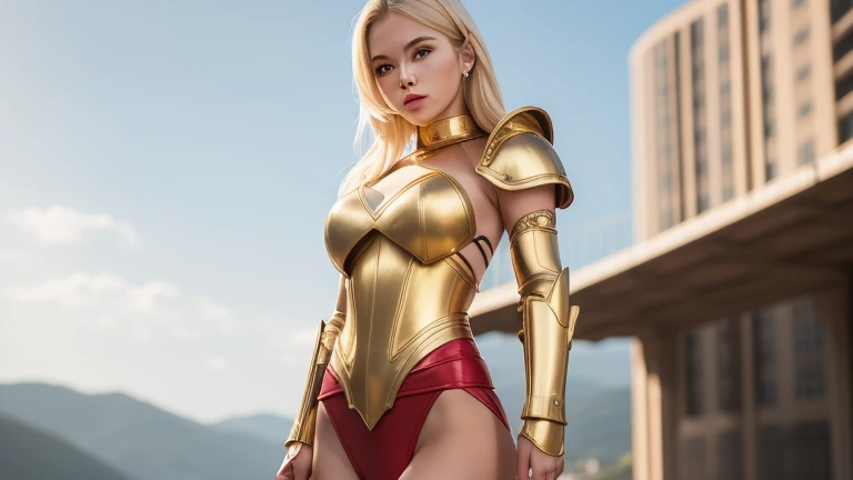Woman with beautiful face、Blonde、mini skirt、Background is gold、 Beautiful woman、18-year-old、Beautiful woman、Ultra-realistic photos、High resolution photos、Red lipstick Andalorian style metal armor skirt suit、Big eyes、Less exposed skin、Don&#39;t take your head off the screen、Skirt without slit