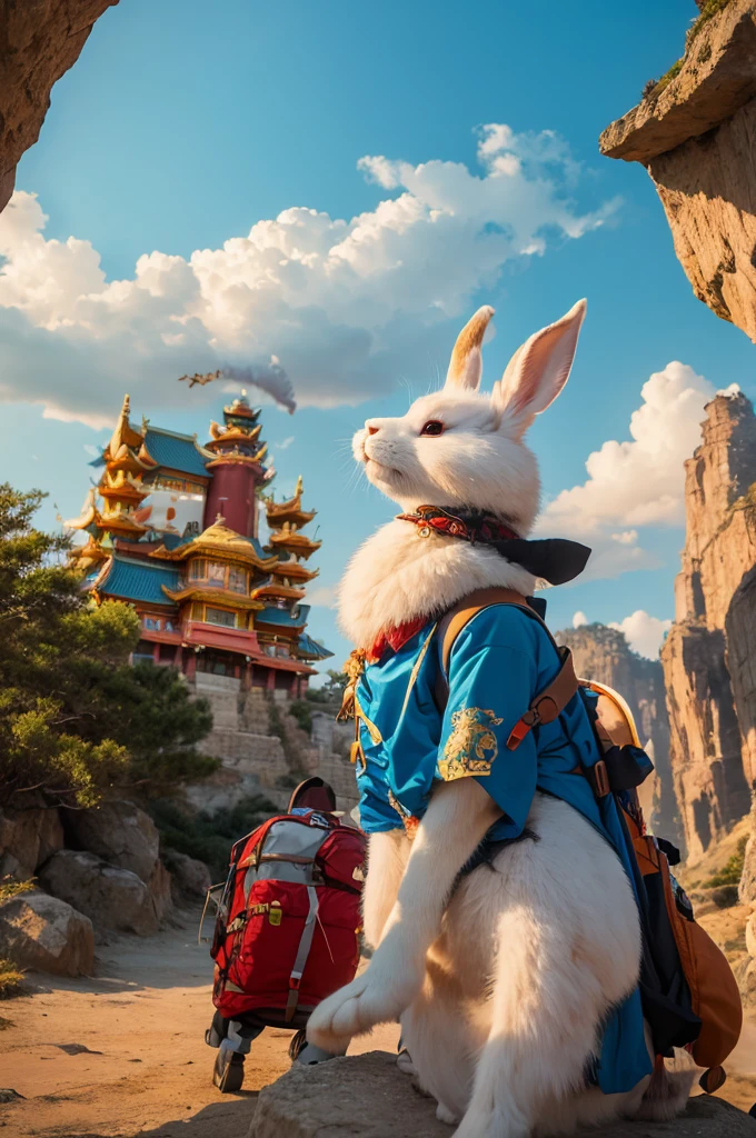 Against the sky backdrop, a Chinese dragon looks downward, while in the foreground, a rabbit with a backpack faces the camera in a frontal view. The atmosphere is filled with joy and serenity, creating a harmonious ambiance. The dragon's contemplative gaze imparts a sense of wisdom, and the rabbit, with its luggage, suggests an adventurous spirit. The overall composition emphasizes the artistic brushstrokes and distinctive painting style, capturing the delightful and expressive essence of the moment. --ar 9:16 --stylize