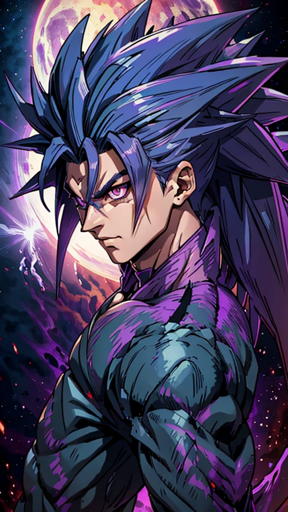 Humanoid kaiju with long spiky hair Muscular Man Male Straight Purple energy 