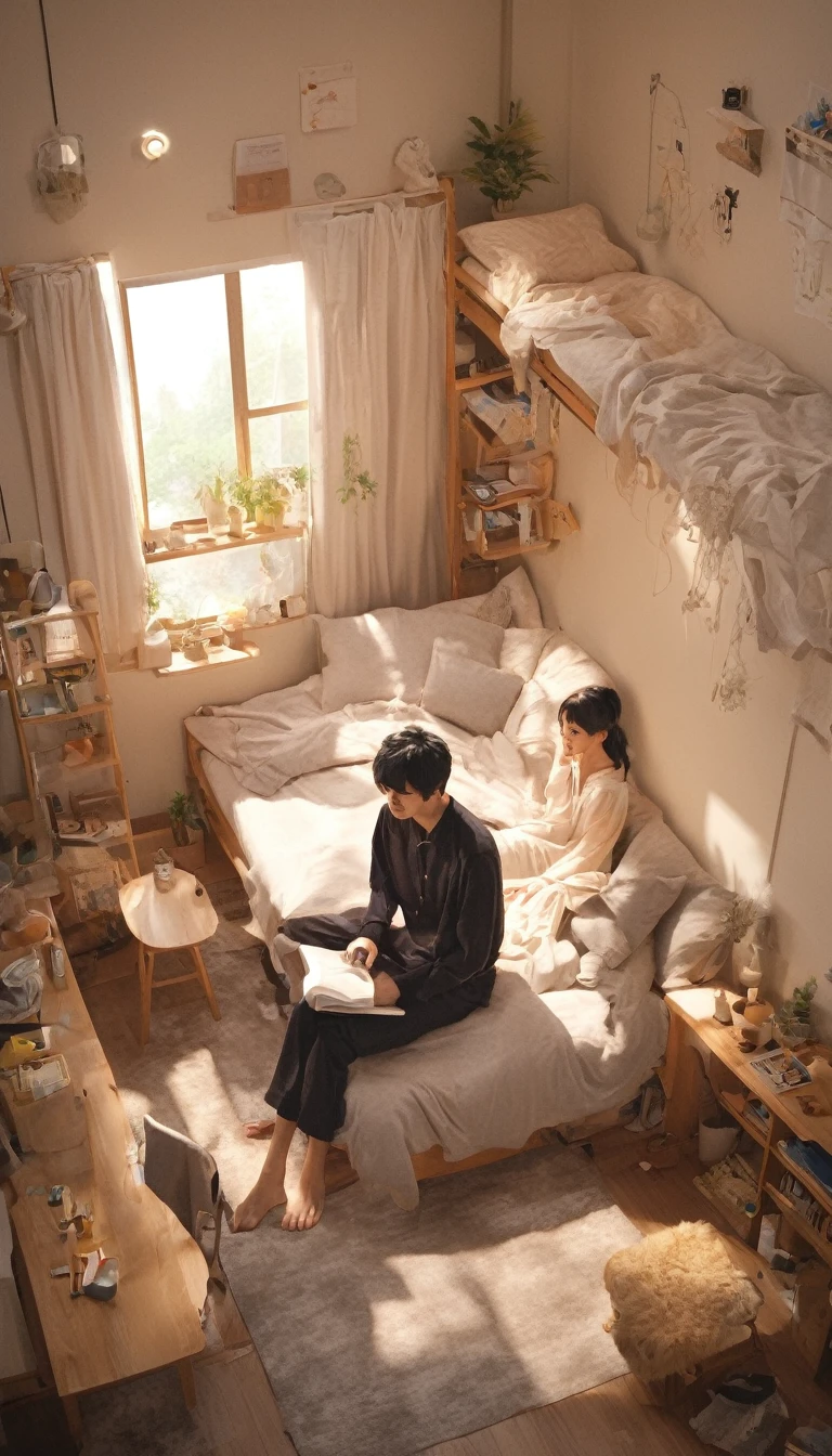 Highest quality, Super detailed,
JJ Room, scenery, indoor, window, Sitting, bed, curtain, Black Hair, bedroom, pants, barefoot, shirt, pillow, Chair, Long sleeve, Book, sofa, table,