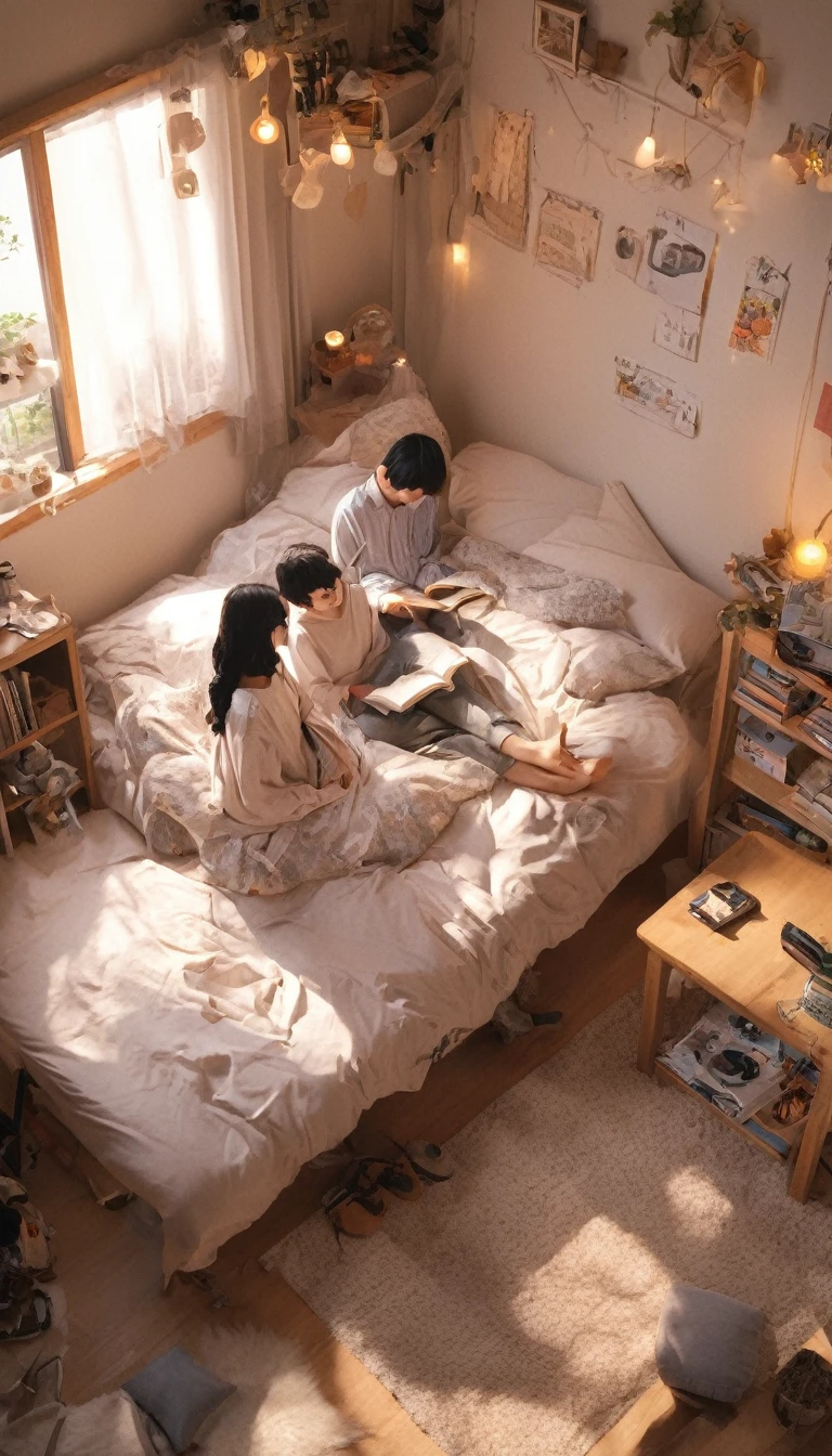 Highest quality, Super detailed,
JJ Room, scenery, indoor, window, Sitting, bed, curtain, Black Hair, bedroom, pants, barefoot, shirt, pillow, Chair, Long sleeve, Book, sofa, table, 
 