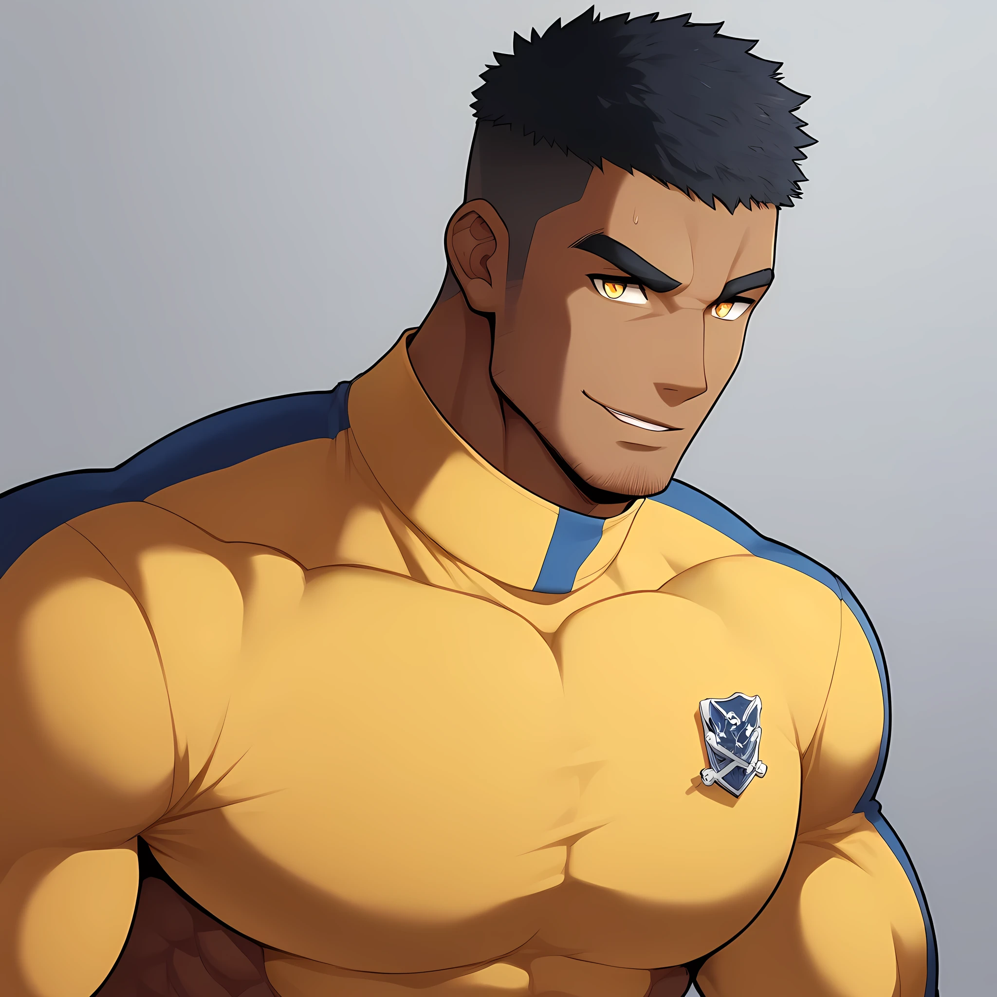 anime characters：Gyee, Muscle Sports Student, negro black skin, 1 dark skin muscular tough guy, Manliness, male focus, Light yellow high collar long sleeve tight T-shirt, Very tight, Round, full and perky chest muscles, Slightly transparent, muscular male, muscular, only, Upper body, alone, Black short hair, Thick eyebrows, stubble, Yellow eyes, Grey background, simple background, amazing quality, best aesthetics, Ridiculous, bright pupils, crew cut, parted lips, seductive smile, torogao, naughty face, drop shadow, best quality