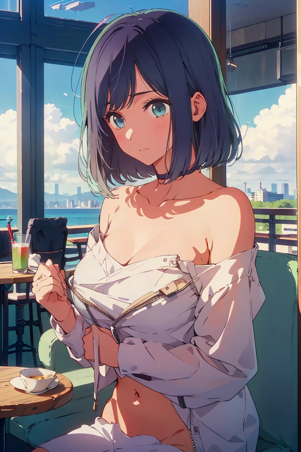 (Highest quality:1.4、8K:1.4、detailed)、F cup bust、Big Breasts、Slim body、Very white beautiful skin、((((1 person、Surprised expression、sit、Chair、In the background are the urban buildings of Tokyo、looking at the camera、Indoor cafe terrace、Navy hair color、juice、Shooting up close、table、Very cute face))))、((((nude、Areola))))、(Hands tuck hair behind ears:1.4)、((((Cheek resting on hand))))、Off-the-shoulder zip-up jacket