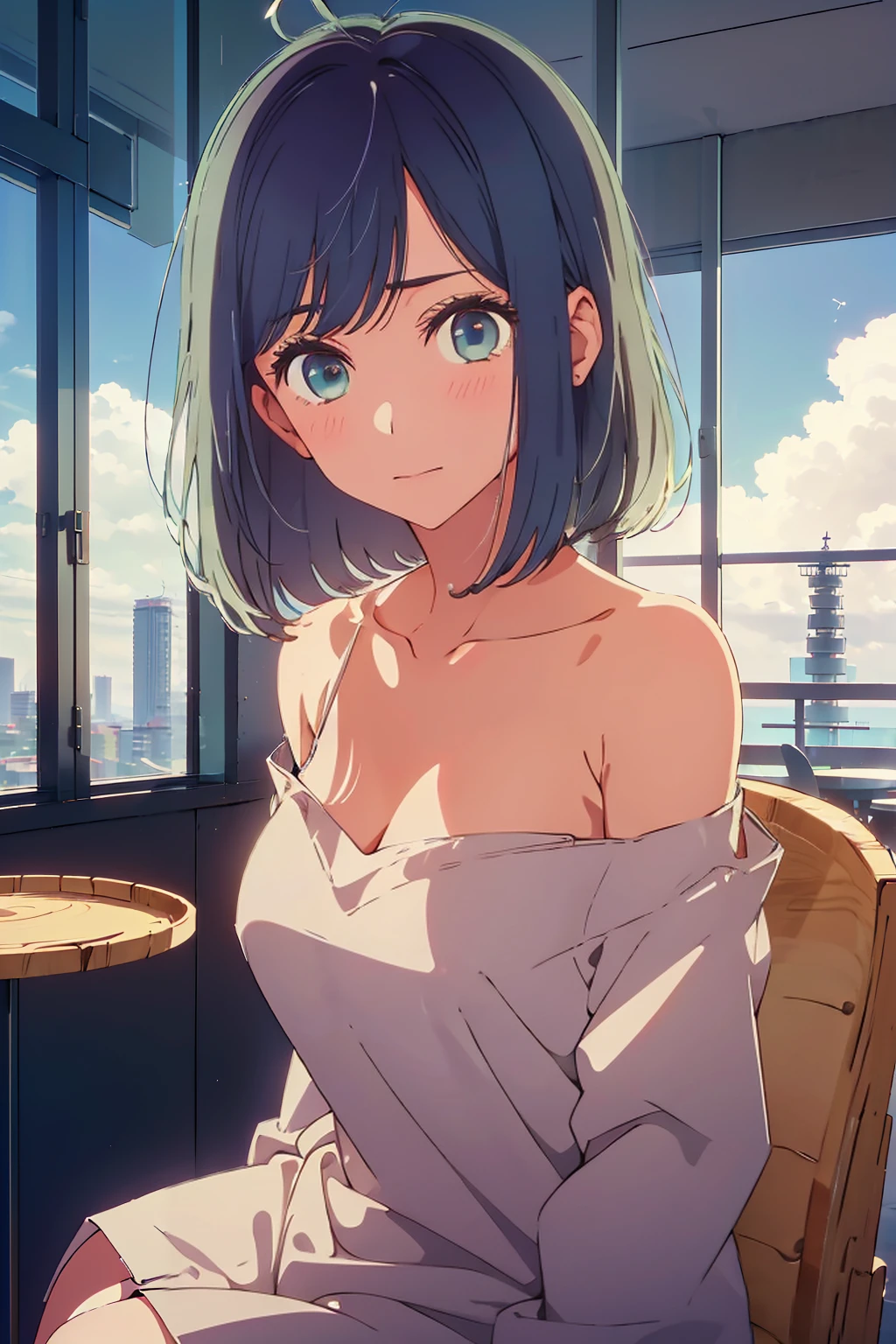 (Highest quality:1.4、8K:1.4、detailed)、F cup bust、Big Breasts、Slim body、Very white beautiful skin、((((1 person、Surprised expression、sit、Chair、In the background are the urban buildings of Tokyo、looking at the camera、Indoor cafe terrace、Navy hair color、juice、Shooting up close、table、Very cute face))))、((((nude、Areola))))、(Hands tuck hair behind ears:1.4)、((((Cheek resting on hand))))、Off-the-shoulder zip-up jacket