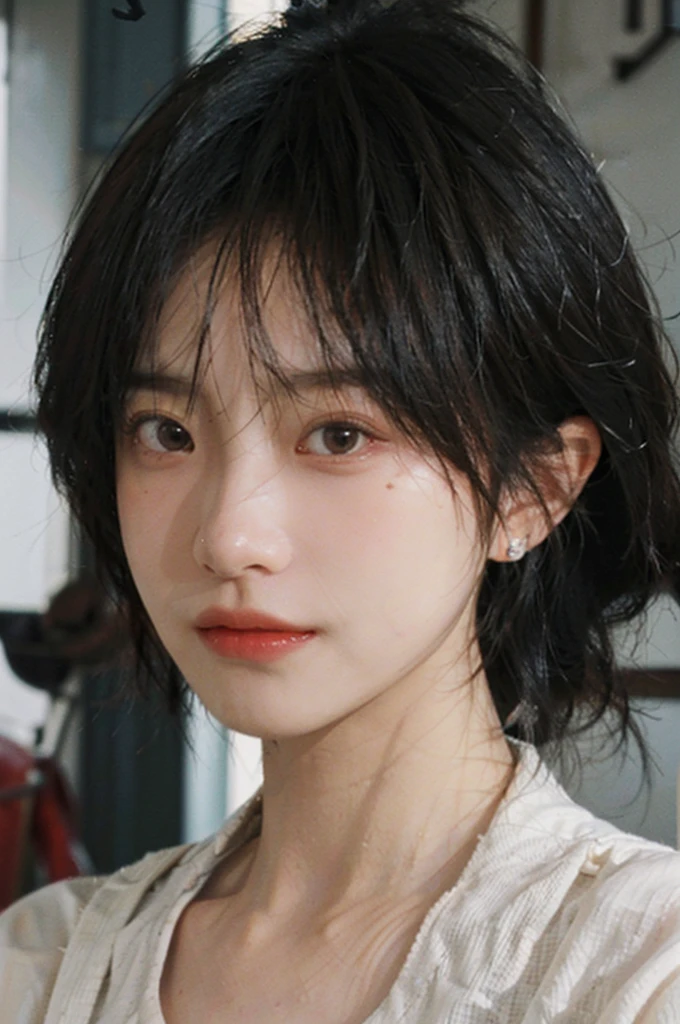 1 girl,short hair,A faint smile,serene, calm,Sportswear,thinking,Moles under the eyes,Exquisite eyes, Delicate face,Lipstick,earrings,Hair details, (Large Breasts:1.0),outdoor,background,城市background,(Skin details:1.4),(Realistic and detailed eyes:1.2), Natural skin texture, Realistic facial details,Close-up of face,Portrait Photography,(Portrait Photography:1.1), (smooth skin textures:1.3), (Highest quality real skin textures:1.4), Direct vision,Soft dramatic lighting, Vivid details, 35 mm film, (Photo Practical:1.4), (hyper Practical:1.4), (Practical:1.3), (Smoother lighting:1.05), (Improve lighting quality:0.9), (Enhance the beauty of skin texture:1.1), Depth of Field, Bokeh, Surrealism, Ray Tracing, ( Surrealism, High Detail, Chiaroscuro, Ray Tracing, reflected light, Ultra HD, Ultra HD, masterpiece, Textured Skin, Super Detail, High Detail, high quality, best quality