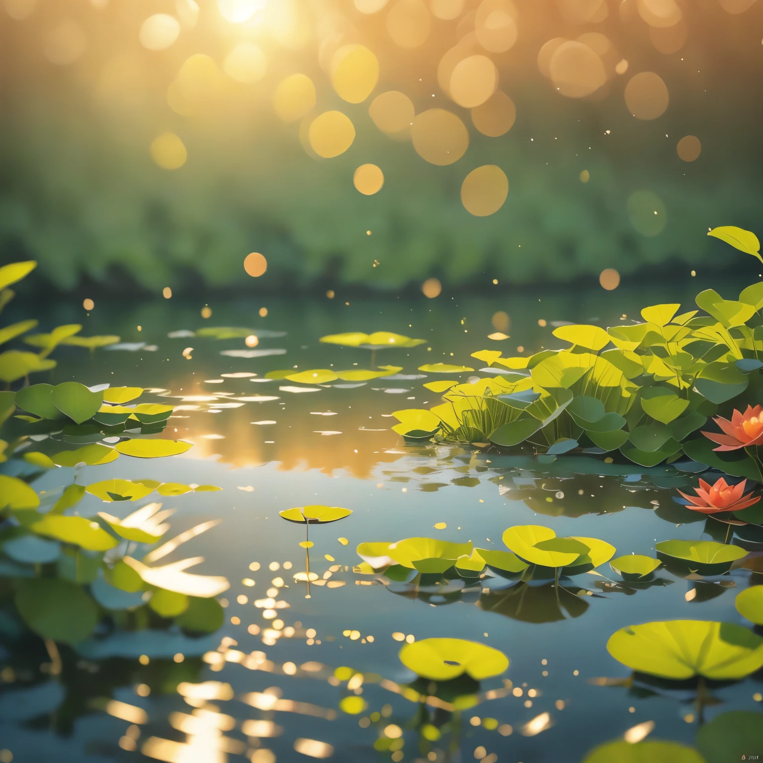 (best quality,high resolution:1.2),Very detailed,Practical,landscape,Pond in the evening,beautiful reflexions,Peaceful atmosphere,Soft sunlight,Calm Water,Lush green vegetation,Peaceful environment,A calm and peaceful scene,nature,Subtle color palette,Soothing atmosphere,breeze,Slender reed,Birdsong in the distance,Vibrant colors,Sunset tones,Majestic and beautiful,Crimson and gold sky,Like a dream,Vague,Water lily floating,Underwater rocks,Rippled pattern on water surface,Sublime tranquility,balance,Relaxed and elegant composition
