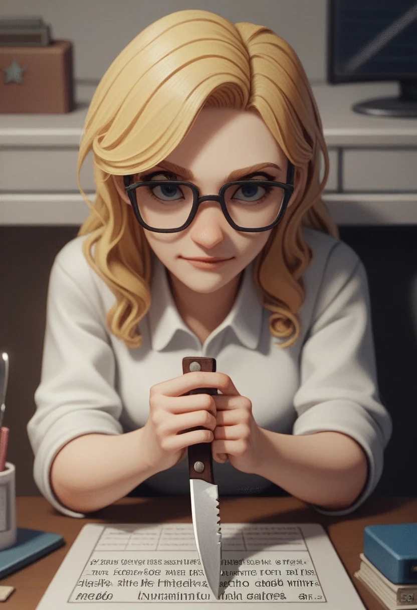 a woman with glasses, long blonde hair, imagem sem fundo, top view, telegram, Grinning, kda, thrill, April rendering, adorable, hybarium, 3d animated, 3D animated, right hand knife, fork in left hand.