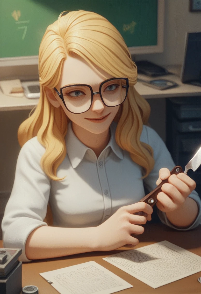 a woman with glasses, long blonde hair, imagem sem fundo, top view, telegram, Grinning, kda, thrill, April rendering, adorable, hybarium, 3d animated, 3D animated, right hand knife, fork in left hand.