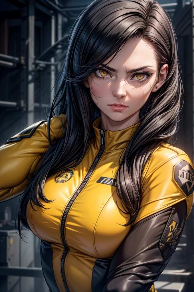 a muscular woman with long black hair, yellow eyes, pale skin, wearing a pilot suit, close-up, (best quality,4k,8k,highres,masterpiece:1.2),ultra-detailed,(realistic,photorealistic,photo-realistic:1.37),hyperrealistic, extremely detailed, high contrast, dramatic lighting, cinematic, concept art style