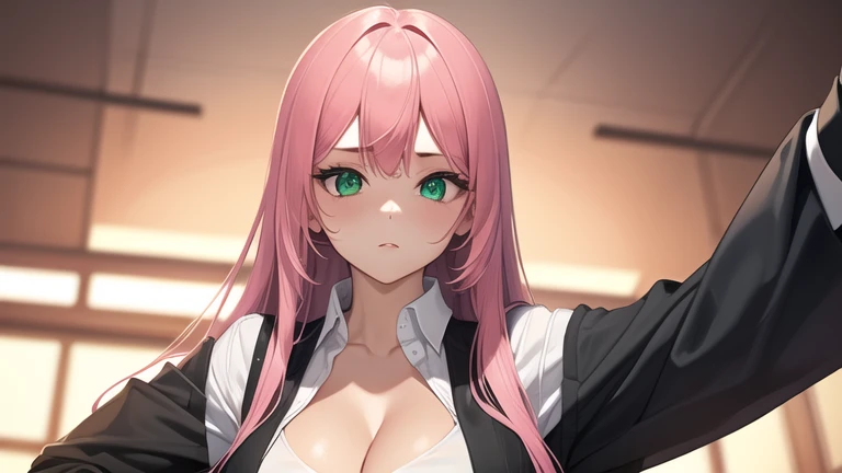 1 Girl, 19 years old, Long pink hair, Green eyes with elongated pupils, masterpiece, Highest quality, (stand up), (White shirt), (Long sleeve white front tie crop top, Black trousers, Red nails, Cleavage),  (big , Super huge , 超超big, Glamorous Body), Make eye contact with the camera, Front Figure, I&#39;m looking forward to, (Light_smile:1.5), (Detailed hands and fingers:1.2) (Cyberpunk City), (Full Body Shot), Thighs Thighs Thighs Thighs、Beautiful feet、barefoot