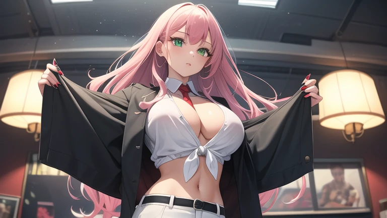 1 Girl, 19 years old, Long pink hair, Green eyes with elongated pupils, masterpiece, Highest quality, (stand up), (White shirt), (Long sleeve white front tie crop top, Black trousers, Red nails, Cleavage), (big , Super huge , 超超big, Glamorous Body), Make eye contact with the camera, Front Figure, I'm looking forward to, (Light_smile:1.5), (Detailed hands and fingers:1.2) (Cyberpunk City), (Full Body Shot), Thighs Thighs Thighs Thighs、Beautiful feet、barefoot