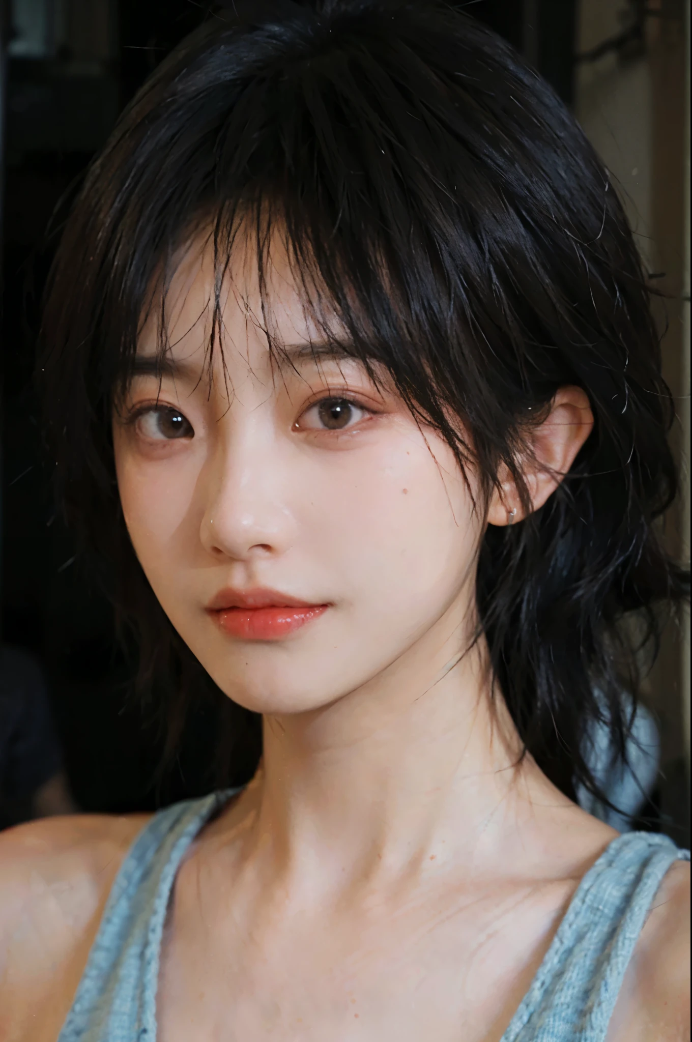 1 girl,short hair,A faint smile,serene, calm,Vest,Moles under the eyes,Exquisite eyes, Delicate face,Lipstick,earrings,Hair details, (Large Breasts:1.0),outdoor,background,城市background,(Skin details:1.4),(Realistic and detailed eyes:1.2), Natural skin texture, Realistic facial details,Close-up of face,Portrait Photography,(Portrait Photography:1.1), (smooth skin textures:1.3), (Highest quality real skin textures:1.4), Direct vision,Soft dramatic lighting, Vivid details, 35 mm film, (Photo Practical:1.4), (hyper Practical:1.4), (Practical:1.3), (Smoother lighting:1.05), (Improve lighting quality:0.9), (Enhance the beauty of skin texture:1.1), Depth of Field, Bokeh, Surrealism, Ray Tracing, ( Surrealism, High Detail, Chiaroscuro, Ray Tracing, reflected light, Ultra HD, Ultra HD, masterpiece, Textured Skin, Super Detail, High Detail, high quality, best quality
