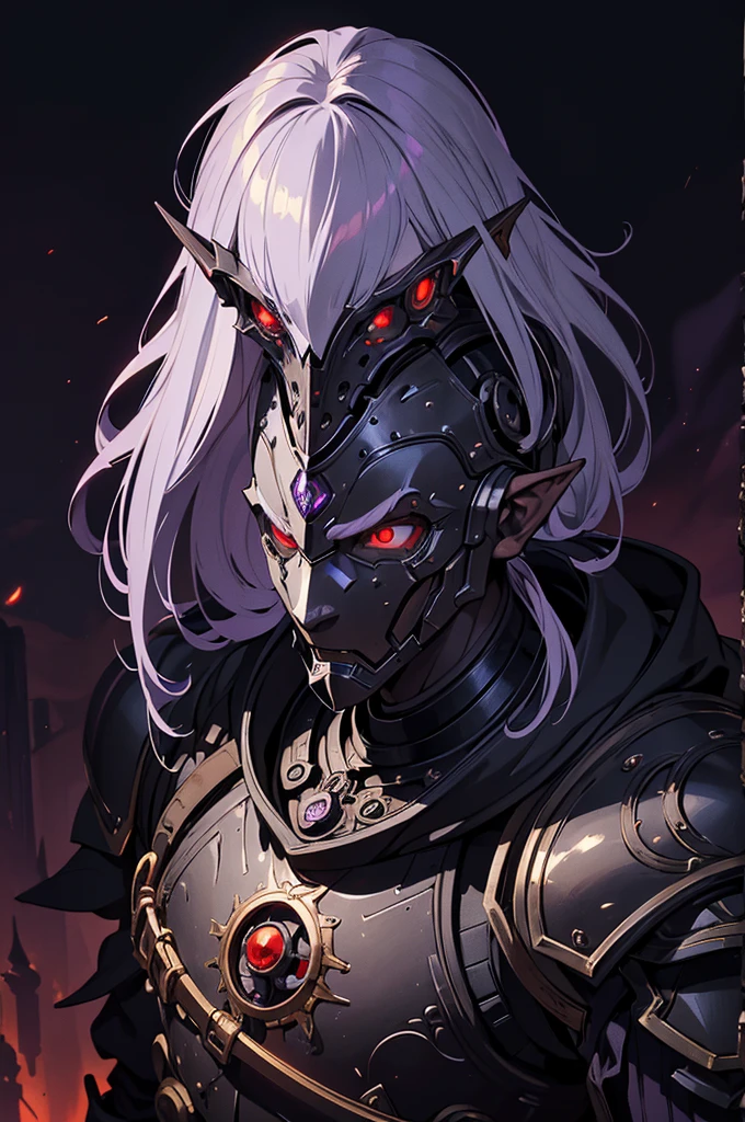 masterpiece, best quality, ultra high res, dark theme, 1boy, (dungeonpunk armor), (mechanical steampunk armor), (wearing armor), fantasy illustration, dark skinned, human, upper body, portrait, red eyes, long white hair, half-drow, pointy ears, serious face, young man, dramatic lighting, purple hue, art by Kinema Citrus