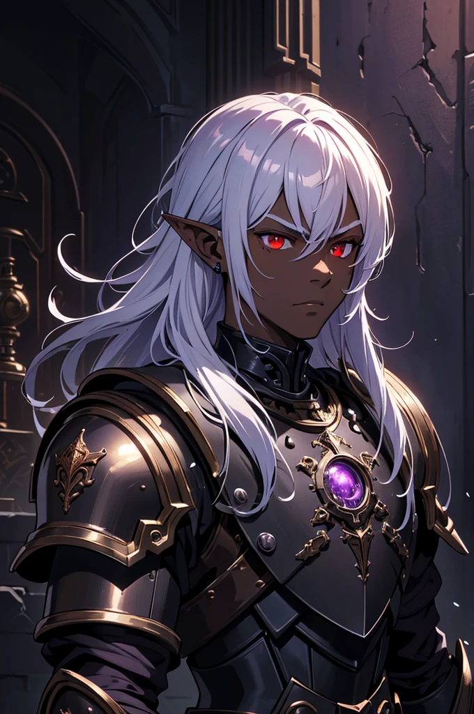 masterpiece, best quality, ultra high res, dark theme, 1boy, (dungeonpunk armor), (mechanical steampunk armor), (wearing armor), fantasy illustration, dark skinned, human, upper body, portrait, red eyes, long white hair, half-drow, pointy ears, serious face, young man, dramatic lighting, purple hue, art by Kinema Citrus