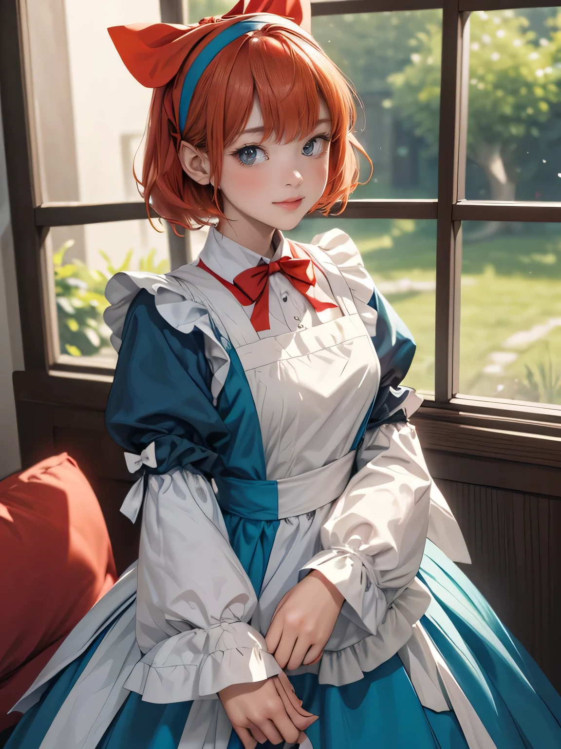 masterpiece,Highest quality,anime,(2D:1.2),indoor, ,  One girl, roswaal mansion Maid uniform, alone, Maid, Cyan blue eyes, short hair,bow hairband, Hair between the eyes, Removable sleeves, View your viewers, Red Hairband,ribbon, bangs, Recall, bow, Orange Hair,red ribbon, Black sleeves, window, Long sleeve, apron, white bow, Frills,ribbon trim,A light smile, with own hands,