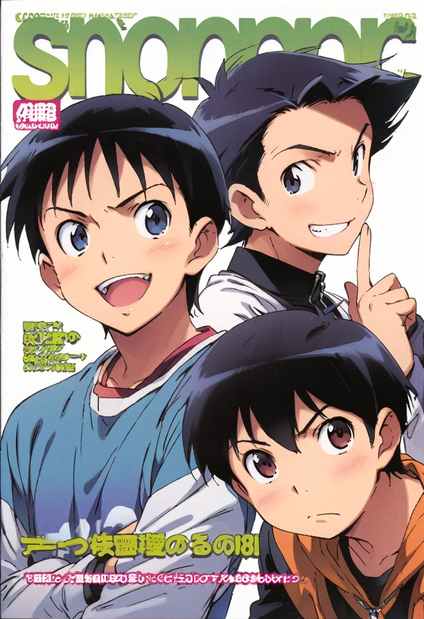 manga cover, manga shonen, three characters, boys, manga cover, shonen magazine