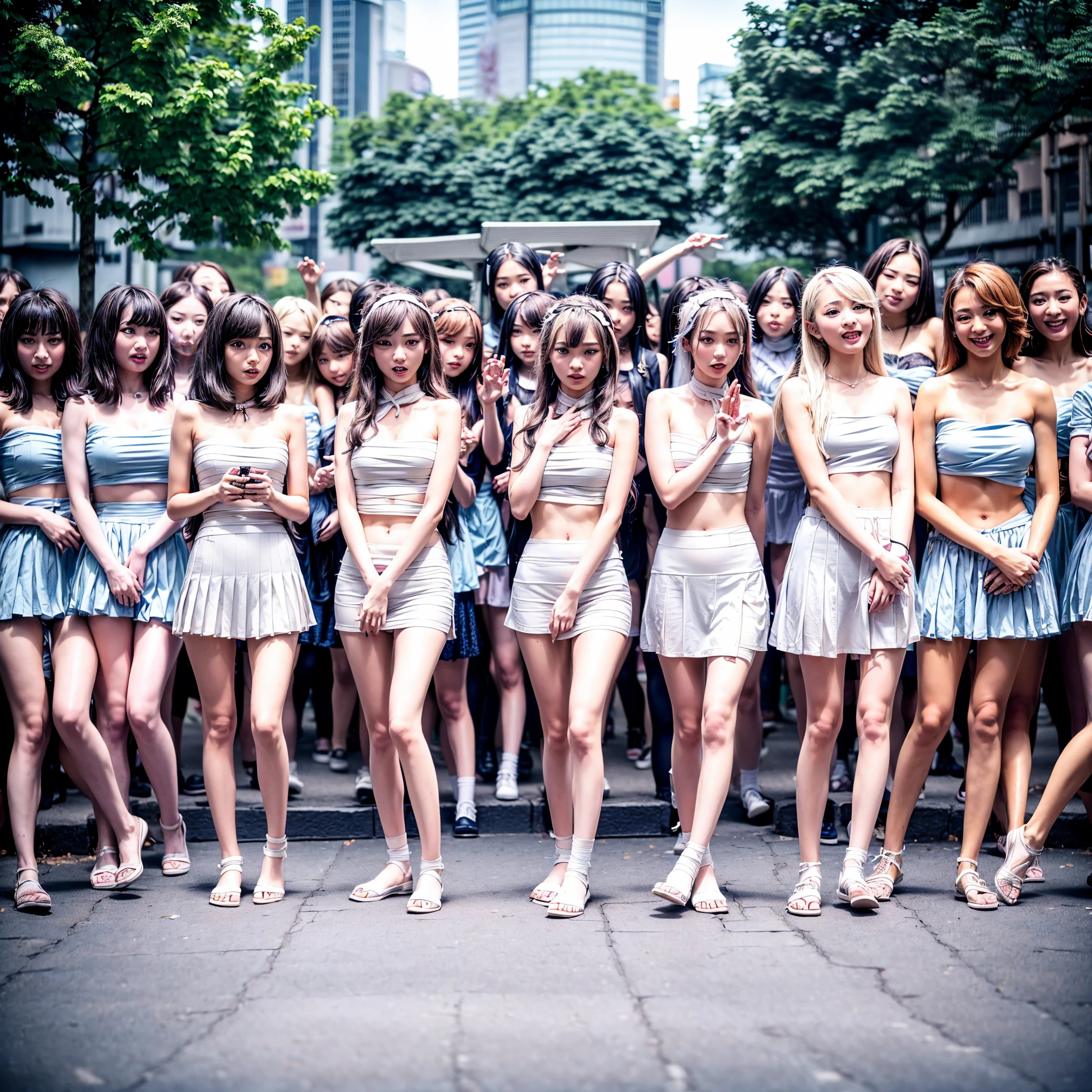 ((ExtremelyDetailed (12 KAWAII Girls in a row:1.37) at Shibuya Hachiko-mae scramble crossing)), (masterpiece TopQuality) (photorealistic:1.37), {(Standing Full Body:1.2)|(from below:1.2)}, Different types of hair colors, {School Uniform|naked bandage|tutu}