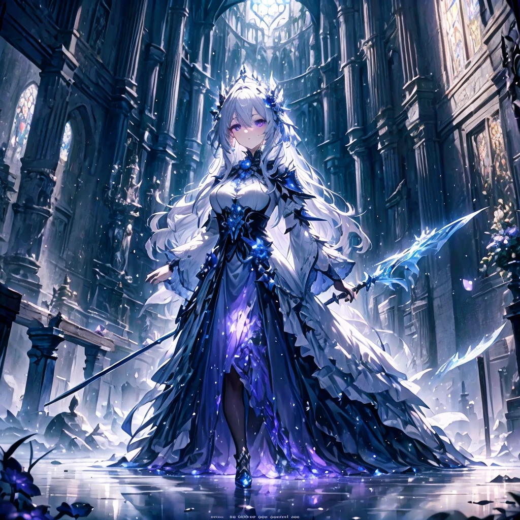 (highest quality, masterpiece, Super detailed, very detailed, exquisite, 16k, confused, Full HD), Castles with Gothic architecture, luxurious and luxurious decoration,((collapse)),sad,(Hold a sword in your right hand),(Use your left hand to cast blue flame magic.),(fairy knight princess, purple eyes, Big eyes, white skin, expensive, slim, thin and long),(decided, gone crazy, serious expression), gray hair, (fantasy, romantic atmosphere), magical armor, realistic, ,(medium shot), (from below), low angle shot, Front view, ((Symmetrical configuration)), shine, (dramatic lighting), (cinematic lighting), (volume lighting), (dynamic lighting), (architectural photography)