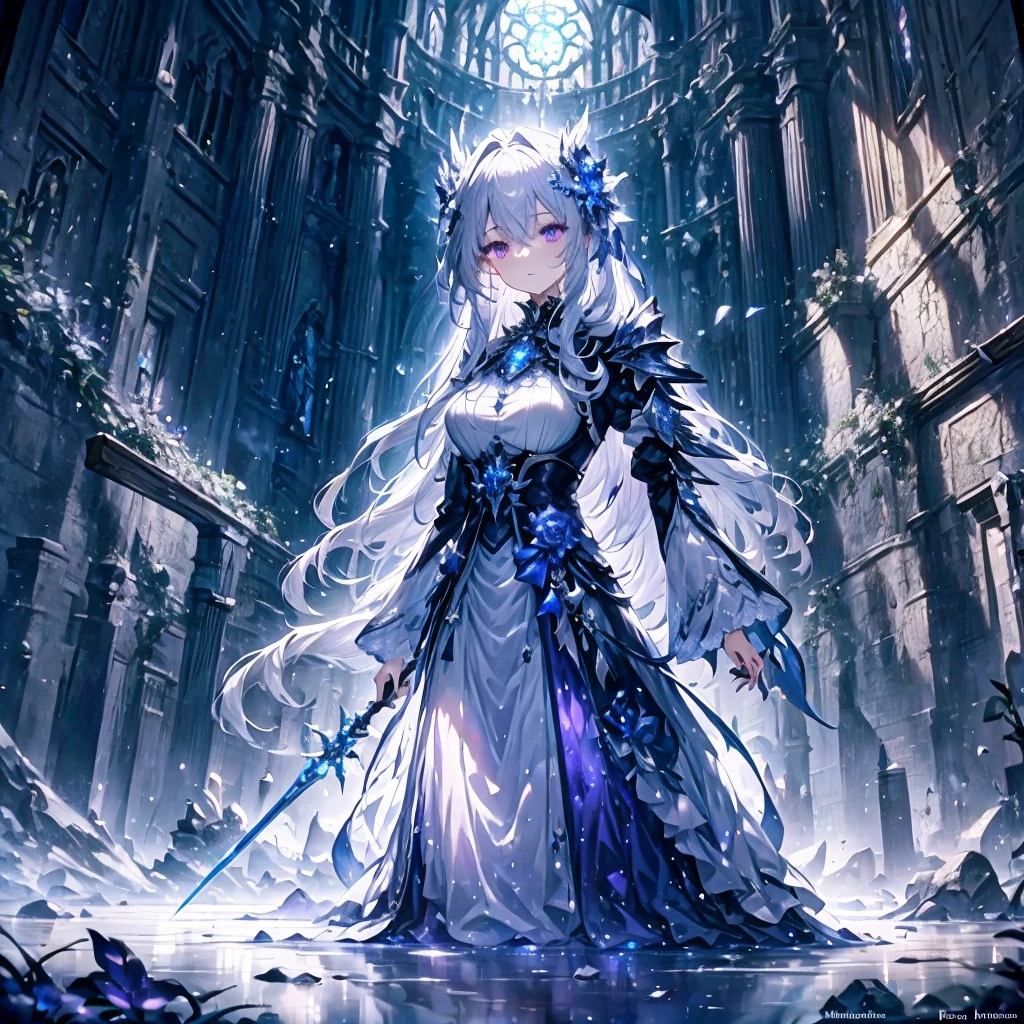 (highest quality, masterpiece, Super detailed, very detailed, exquisite, 16k, confused, Full HD), Castles with Gothic architecture, luxurious and luxurious decoration,((collapse)),sad,(Hold a sword in your right hand),(Use your left hand to cast blue flame magic.),(fairy knight princess, purple eyes, Big eyes, white skin, expensive, slim, thin and long),(decided, gone crazy, serious expression), gray hair, (fantasy, romantic atmosphere), magical armor, realistic, ,(medium shot), (from below), low angle shot,  Front view, ((Symmetrical configuration)), shine, (dramatic lighting), (cinematic lighting), (volume lighting), (dynamic lighting), (architectural photography)