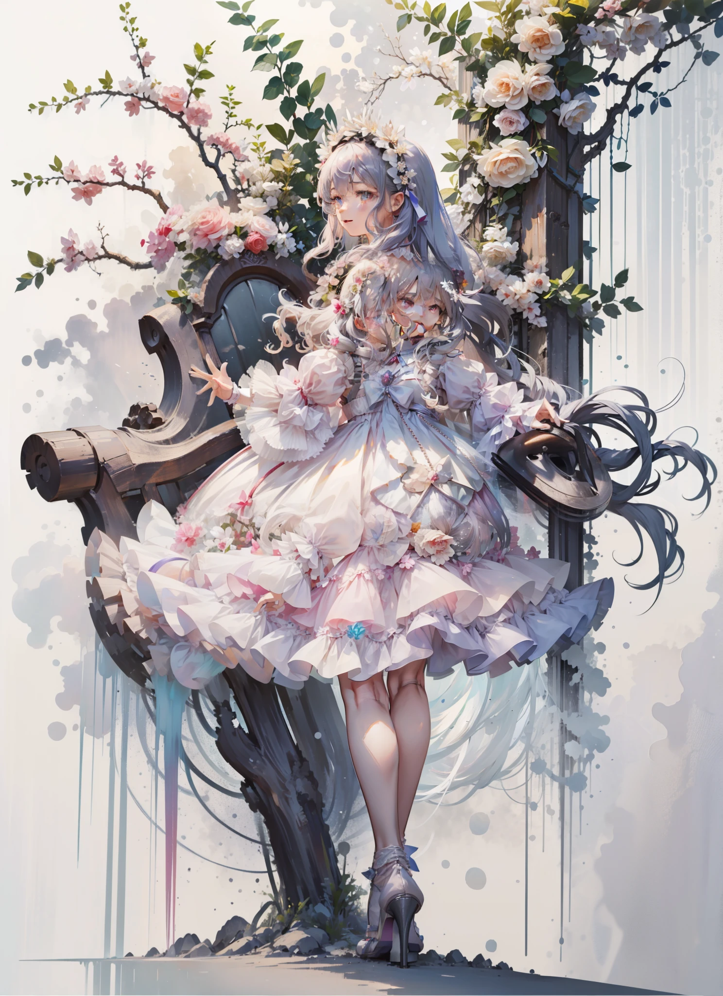 (Extremely delicate and beautiful:1.5),A Russian girl in her early 20s with ash grey hair, standing on your feet, solo, full body,Sweet face,Light smile,By bangs, Gemstone eyes, Contre-Jour,Long curly hair, ta dress, Keep one's mouth shut, seen from the side, lanterns, light particules, longer sleeves, looking at viewert,pink bows, The background is filled with seven colors, The face is dense((must))