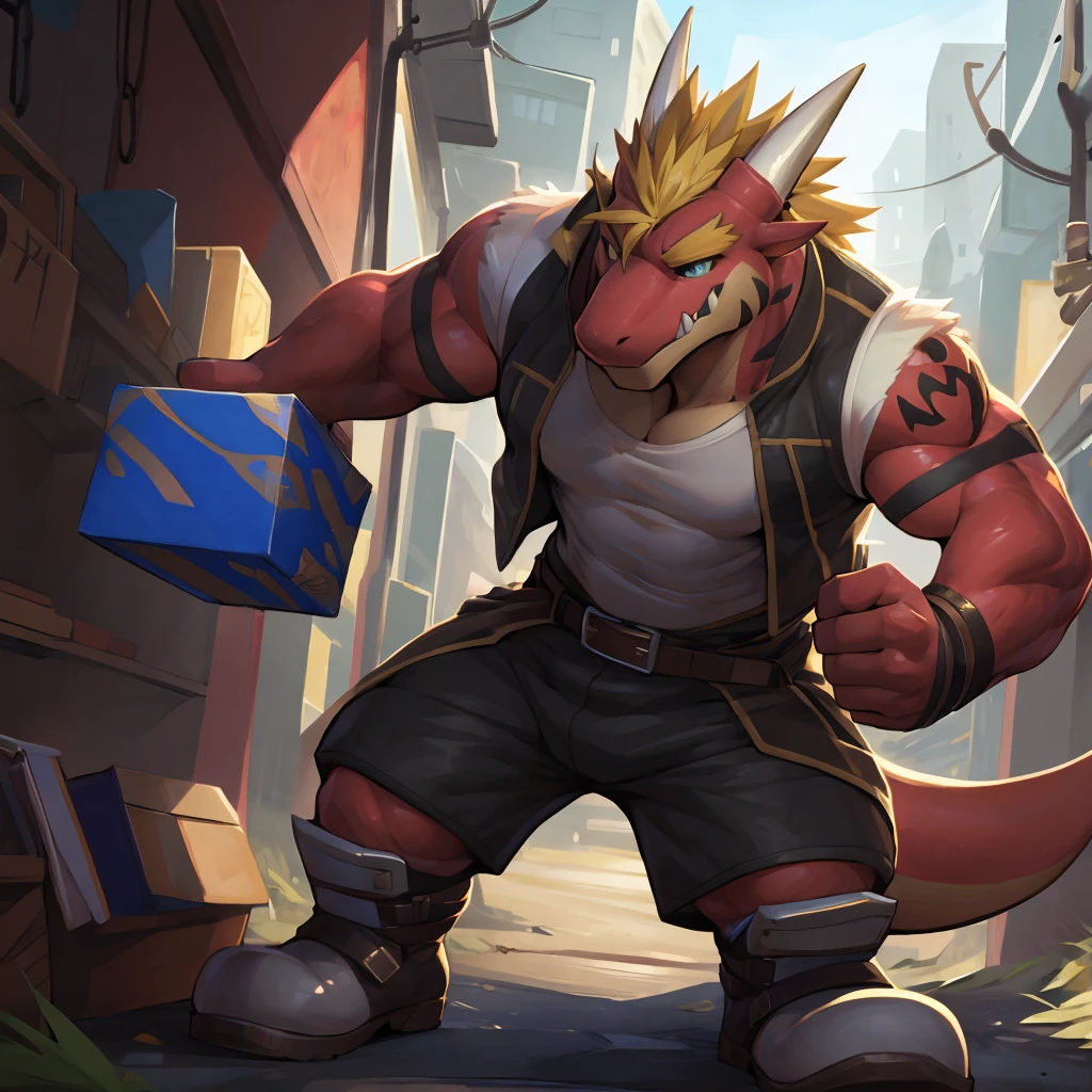 hi res, 8K, iPhone Wallpaper, foreshortening, close-up, detailed background,long shot, standing, delga, , male, scalie, blonde hair,  blonde eyebrow, 
horn, ups-outfit, shorts, collared shirt/polo shirt, hat, holding box, belt, shoes
masterpiece, best quality, muscular male anthro, furry, kemono, red body,detailed fluffy fur, professionally color graded, professional photography, well drawn, masterpiece, hyper realistic, ultra detailed, high quality, best quality, 4k, 8k, raw 
( athletic slim, slim hunk), by null-ghost,by takemoto arashi, by canyne khai,  