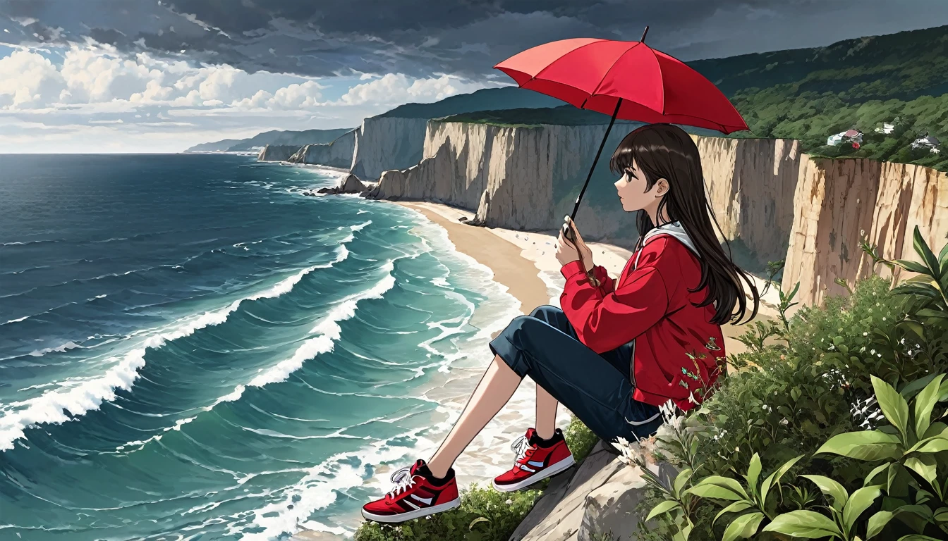 Sea with waves. A sky with dark clouds. A beautiful beach with cliffs. A 16-year-old girl sits precariously on a high cliff with a red umbrella. Her girl's hair blows in the wind. She girl is planting bb sneakers. Five pretty fingers.