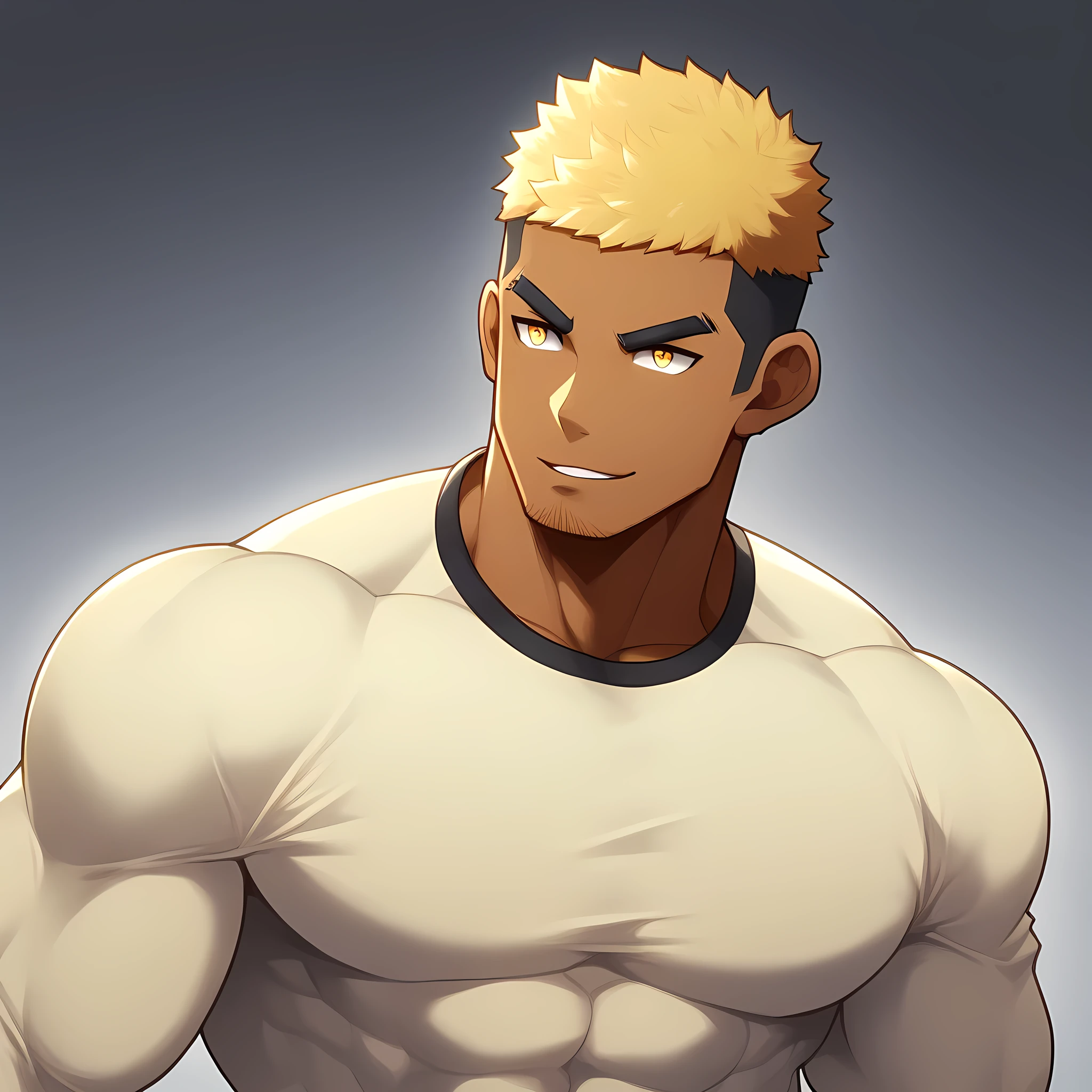 anime characters：Gyee, Muscle Sports Student, negro black skin, 1 dark skin muscular tough guy, Manliness, male focus, Light yellow high collar long sleeve tight T-shirt, Very tight, Round, full and perky chest muscles, Slightly transparent, muscular male, muscular, only, Upper body, alone, Black short hair, Thick eyebrows, stubble, Yellow eyes, Grey background, simple background, amazing quality, best aesthetics, Ridiculous, bright pupils, crew cut, parted lips, seductive smile, torogao, naughty face, drop shadow, best quality