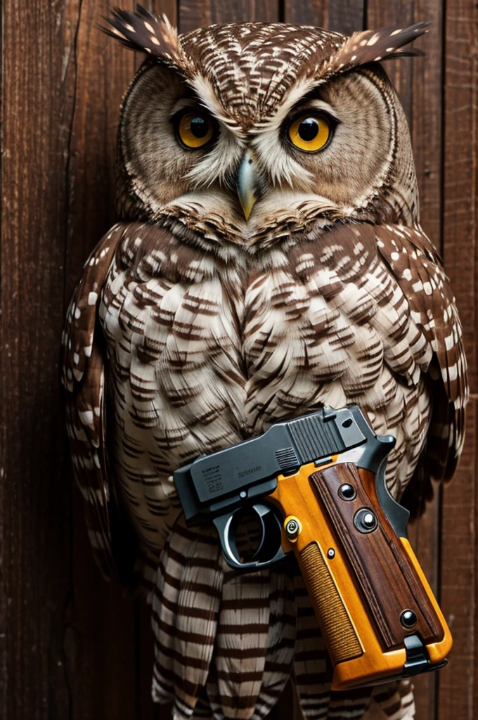 Cocoa the owl holds a gun.
