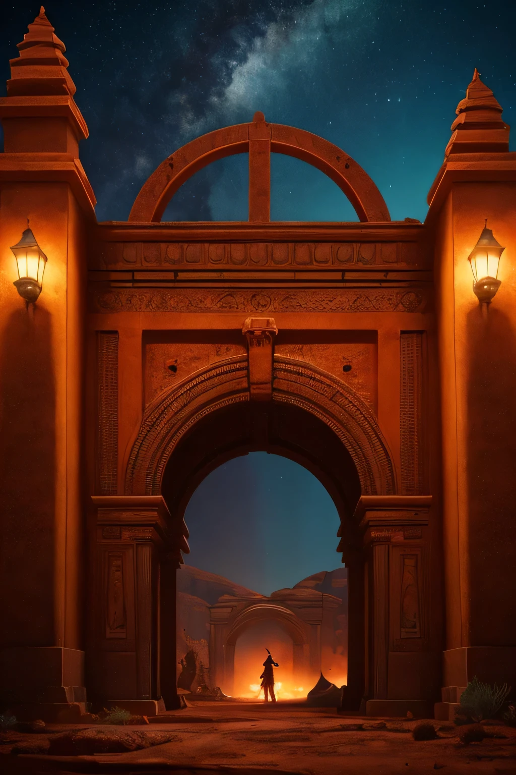 landscape, Scorched Earth, Red soil, Dimensional Gate, Devil Energy, Portal (object), Huge arch with statues, particle, desert, night, performer, Volumetric lighting, Highest quality, masterpiece, Hand drawn textures, Intricate details, Realistic, Crafting