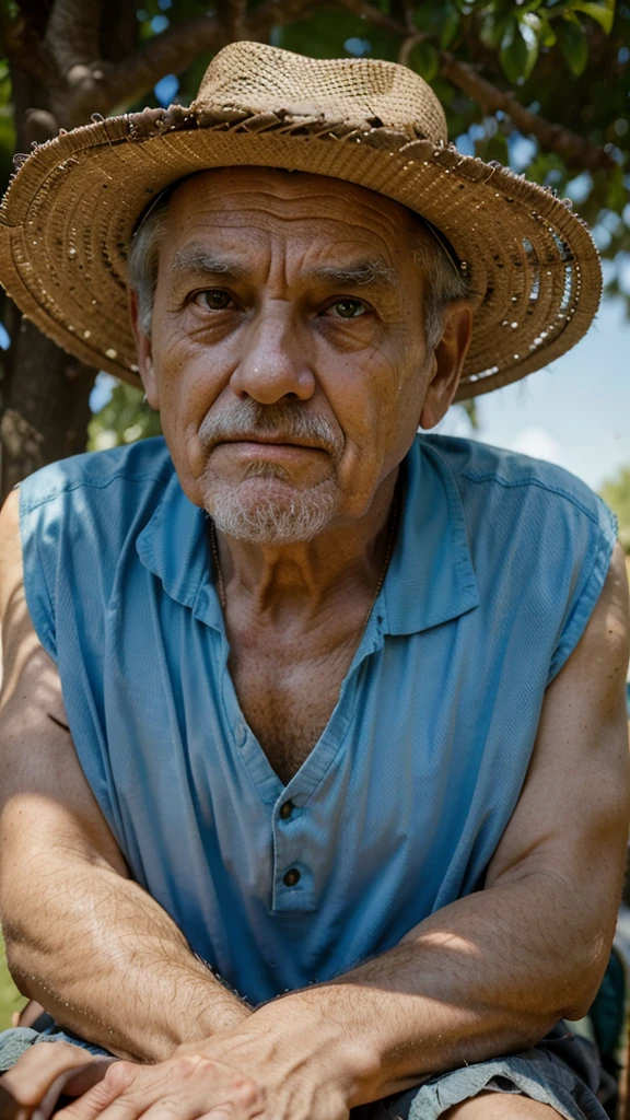 Headshot of a wise old man sat under a shady tree, observing the world around him, It was then that he noticed a tiny ant carrying a massive burden on its back, the wise old man praise the ant, 4k realistic imagery, blue scenery like a movie scene, old american setting, inspired by blade runner movie scene, blue tone,