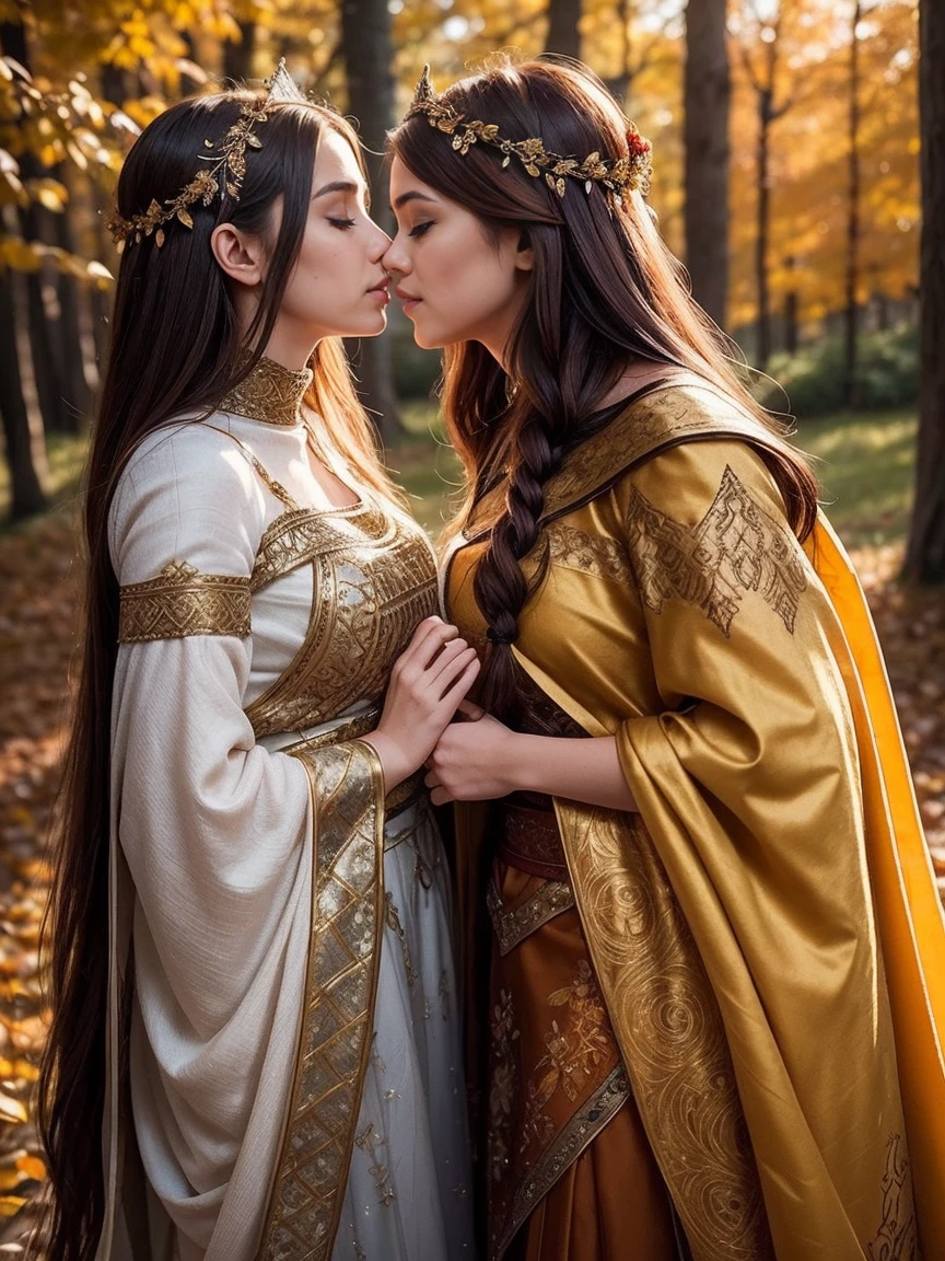 A radiant and enchanting (((Nordic goddess))) gracefully standing amidst a vibrant autumn landscape. Her flowing auburn locks cascade down her shoulders, adorned with a crown of golden leaves that mirror the colorful foliage surrounding her. The ground is covered with autumn-colored leaves . She is cloaked in a gown of earthy tones, embroidered with intricate patterns representing the changing seasons. The soft glow of the setting sun casts a warm, ethereal light upon her, infusing the scene with a magical ambiance. Autumn-colored dead leaves are carried by the breeze. (two girls are deeply in love with each other, kiss:1.3)