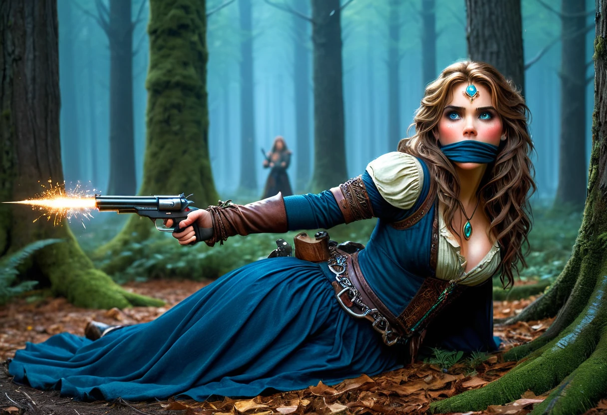 Generate an image of an enchanting female handgunner sorceress. She combines the rugged charm of a sharpshooter with the mystical allure of a spellcaster. Clad in a sleek, form-fitting outfit that blends leather and magical fabrics. Her long, flowing hair dances with sparks of magic, and her piercing eyes captivate with a bewitching glow. hogtied, (otm gag:1.4), laying on stomach, in a moonlit forest clearing, she exudes an aura of deadly precision and irresistible allure, ready to cast spells and fire enchanted bullets with equal prowess. Inspired by the works of (Annie Leibovitz:1.4) and (Thomas Kinkade:1.3).