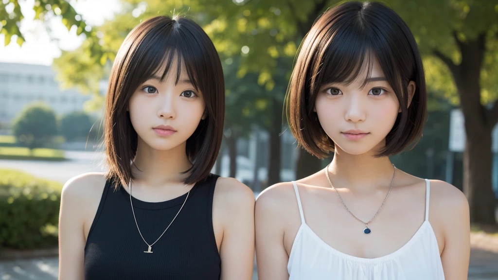 (Very realistic photos, concentrate、High resolution, Detailed face, Beautiful Eyes), ((Photo taken in front of the school))、Japanese women, ,high school girl, various expressions, Upper Body、alone:1, Slim figure, Mr.々Hair style,Black sheer top、Only one person is in the photo、Photographed in natural light、Simple Necklace、Bob Hair、Shortcuts、Looking into the camera