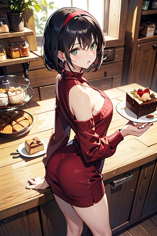 (Small breastss:1.3), (Firm breasts:1.1), (Pointed Chest:1.0), (Pudding cake magazine cover:1.3),(From above:1.0),(From the side:0.9),masterpiece, One girl, Great cleavage:1.1, Narrow waist, BIG ASS, Raised to be sexy, Small breasts: 1.3, Posing and showing off cleavage:1.2、alone, Open your mouth, cute beer glass cute grass,Black Hair, Dark green eyes, dress, Exposing shoulders, jewelry, clavicle, Side Lock, hair band, Earrings, indoor, Off the shoulder, sweater, Put your arms behind your back, plant, short hair and long locks, gild hair band, sweater dress:1.2, off-shoulder sweater, red sweater, Dark Gorgeous Hair, Big side hair, Very long side hair,Rendered (masterpiece: 1.2, highest quality), and (Ultra-high resolution) And exquisite (Depth of written boundary). This masterpiece is not only visually stunning but also tells,Cooking in the classroom kitchen ,View Viewer,