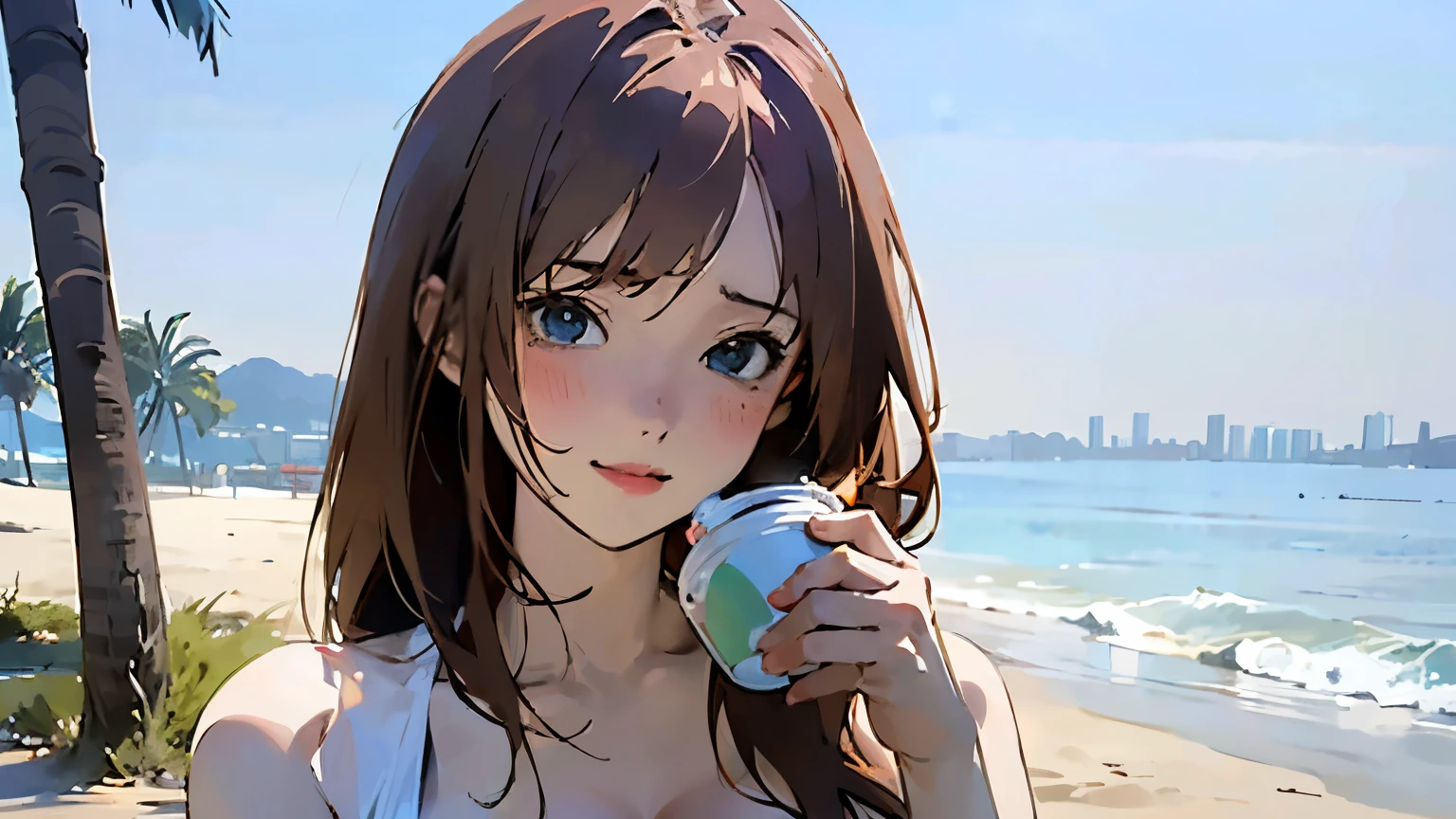 (This is a close-up shot of a young anime girl in a bikini on the beach:1.4),(alone:1.4),(One girl:1.4),(Long brown hair:1.3),(blue eyes:1.2),(White bikini top:1.3),(White bikini bottoms:1.2),(belly button:1.1),(Sitting on the beach:1.3),(Palm tree in the background:1.2),(The sea in the background:1.2),(blue sky:1.1), (Detailed face:1.3),(Beautiful attention to detail:1.3),(Slightly parted lips:1.2),(Embarrassed look:1.3),(Blushed:1.2),(Slender body:1.2),(Large Breasts:1.3), (masterpiece:1.2),(Highest quality:1.3),(Ultra-high resolution:1.2),(Realistic:1.1), 、holding a coffee cup in hand