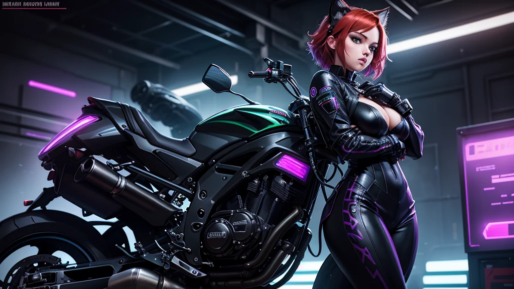 The image shows an illustrated character sitting on a motorcycle.. The character has short hair and wears a suit with black-violet colors and yellow neons that surround his prominent bodysuit.... The motorcycle looks big and futuristic., same color palette with elegant lines and luminous elements. The background suggests an urban environment illuminated with neon lights., possibly at night. There are various shapes and patterns reminiscent of digital or cybernetic motifs..., contributing to the overall sci-fi look of the image.. I imagine this girl with a futuristic appearance and full of mystery.. His body is wrapped in a purple and black jumpsuit.., Shiny chains entwine around his arms and legs., as if they were metallic tattoos. The three-strand necklace, with its padlock in the shape of digits, It is their symbol of submission and devotion.. Her red hair falls in waves over her shoulders..., and his green eyes shine with a mixture of passion and obedience. The black dress fits her curves., enhancing her voluptuous figure. Each chain that tightens around her skin is a reminder of her role as a beloved slave.... In the dark garage, the girl prepares for her master. The cyberpunk motorcycle awaits you, Its shiny surface reflects the neon lights of the city. The cat-shaped helmet gives it a mysterious look., and the tail that extends from the back of the seat seems to have a life of its own. She rides the motorcycle with grace., speeding into the night. The wind whistles in his ears as he walks through the dark streets., ready to carry out your master'orders. In this futuristic world, where technology and passion intertwine, she is his slave, your confidant and your lover. The girl with the chains and a cyberpunk motorcycle is an enigma, a mixture of desire and slavery. Their story unfolds under the twinkling lights of the city.., and his figure becomes a legend in the night streets. SIMILAR TO IP:but