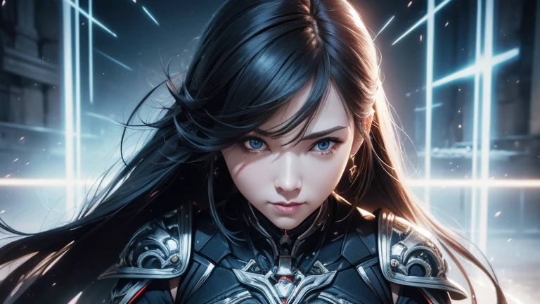 Upper Body (Bottom to top perspective angle) Superheroine Hot Women (masterpiece), Highest quality, Expressive eyes, Perfect Face, Art of Fantasy Mythical Action Effects, Sharp focus, Wearing an extremely detailed suit with mechanical parts & Hero Cape, Cyber Samurai, Shine, Holding a sword