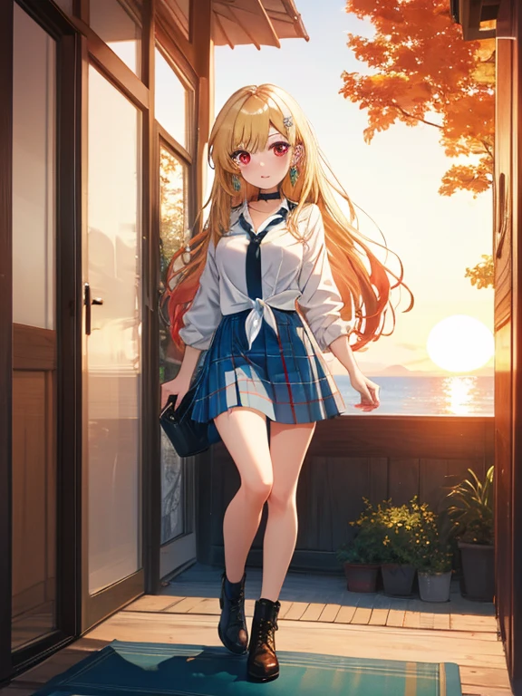 sunrise time,  (chibi), full body, (masterpiece), highest quality, Kitagawa Marine, 1girl, blonde hair, long hair, multicolored hair, red eyes, jewelry, earrings, piercing, , white shirt, tied shirt, black choker, blue necktie, plaid skirt