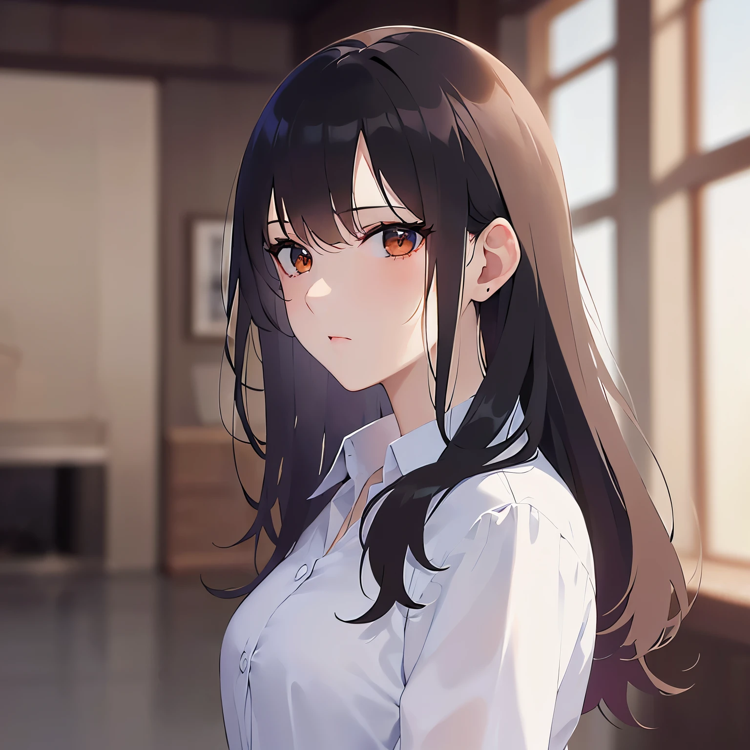 looking back,Upper Body, Realistic, real person, (pale skin: 1.2), RAW photo, photorealistic, shiny skin, shiny hair、 (A 35-year-old woman with medium-length hair and bangs) and (wavy hair) and (brown hair) and (Orange Eyes), (Wearing a business suit:1.5)、 expressionless, The background is the living room、Alone、