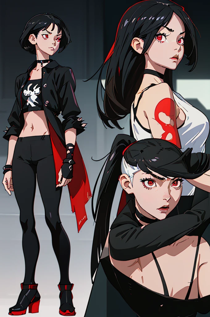 (full body) (same character front, back, side view) (model sheet) (multiple views of the same character), beautiful red eyes, anime woman, perfect anatomy, delicate and cute face, short black hair, skin very white, black nails, black lips, wearing black leggins, small black t-shirt, black choker with spikes, black bracelets