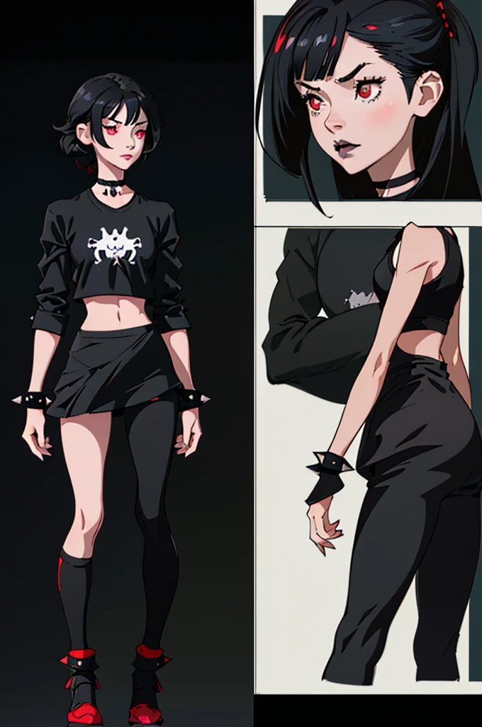 (full body) (same character front, back, side view) (model sheet) (multiple views of the same character), beautiful red eyes, anime woman, perfect anatomy, delicate and cute face, short black hair, skin very white, black nails, black lips, wearing black leggins, small black t-shirt, black choker with spikes, black bracelets