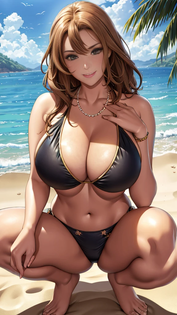 ((highest quality、table top、8K、best image quality))、((Beautiful trio:1.3))、(1 photo:1.2)、standing on the beach、hair swaying in the wind、The most detailed and complex beautiful sea、Beautiful clear sea、beautiful clear sky、beautiful thunderclouds、bracelet、necklace、hair ornaments, colorful decorative bikini、flashy decoration、black bikini、floral bikini、bikini ornament、big ruffle bikini、patterned bikini、upper body photo、Slender and big breasts、golden hair、brown hair、very beautiful clear sea、sunlight、Lens flare、tanned skin、smile、(((Squatting:1.3)))、big breasts