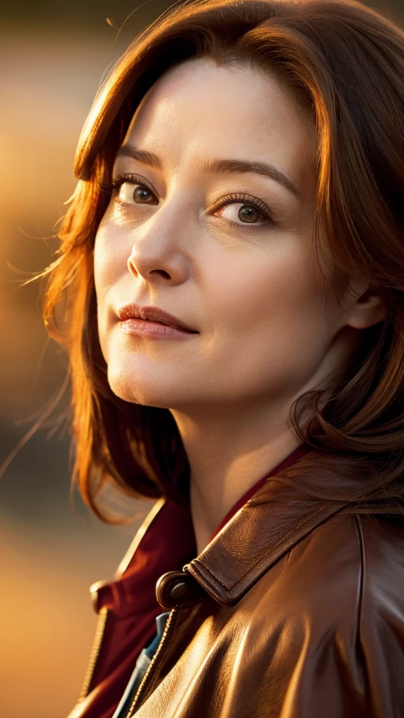 Fondo de pantalla de alta definición, sunrise ,RAW, A woman,37 years old , ( SFW), [ great detail: ( eyes :Miranda Otto),( Eyelids : vesper lynd),(between eyebrows:vesper lynd),(Eyebrows : Vesper lynd),(forehead: vesper lynd),(nose:Miranda Otto),(boca: Miranda Otto),(jawline: Miranda Otto), ( jaw angle: Vesper lynd) ,( breasts: Vesper lynd),(legs : vesper lynd), wears a leather jacket