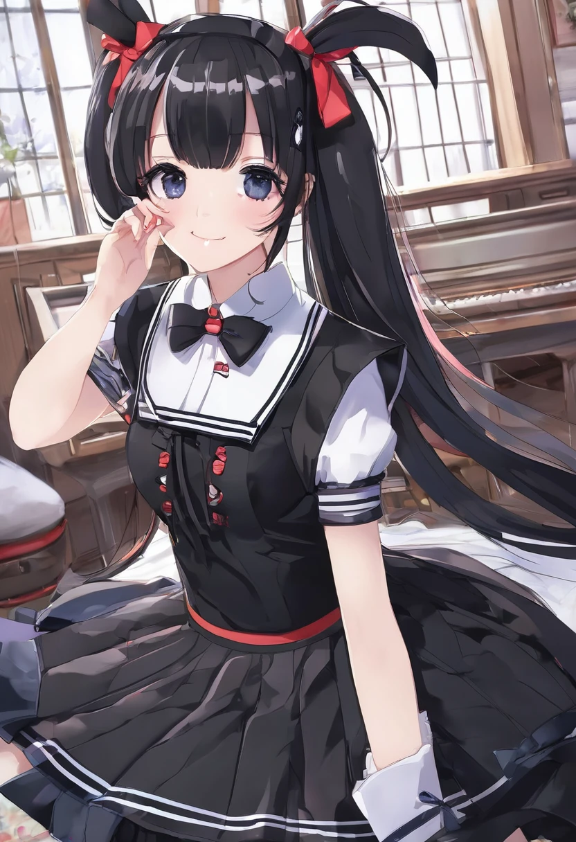 product, 最高product質, girl, Twin tails、long 髪 alternative, absurdly long 髪, Black Hair, bow 髪, Captivating smile, tongue, Iris, Long eyelashes, Small breasts, Sailor, Black long skirt, shoes, meanwhile, Hair Ribbon, dance、Stinking eyes, reproachful eyes