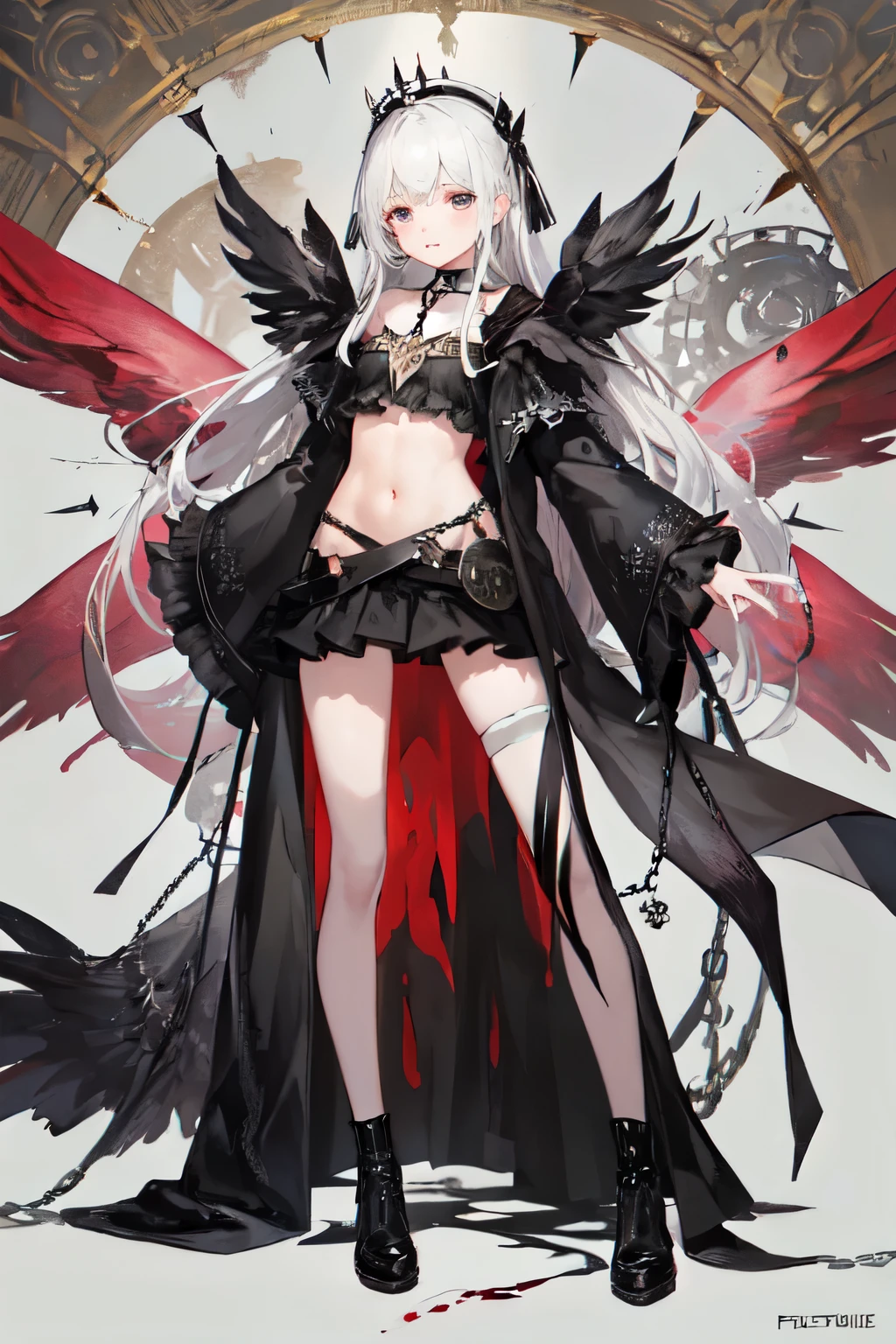 ((best quality)), ((masterpiece)), (detailed), 1girl, Character design, NSFW, scholarly female, scholar, female scholar, educator, teacher, fortune teller, holding a large bell, carrying a large bell, ringing a large bell, bell, astrology, astrological symbolism, star reading, celestrial theme, heavens, heavens above, constellations, imposing, terrifying, biblical, blood magic, blood mage, dynamic poses, long white grey hair, grey white eyes, very skinny, detailed, best quality, prominent collarbones, skinny arms, flat stomach, visible hip bones, small breasts, full body, blank white background, plain background, white background, red and white clothing, Bloodborne inspired, occult aesthetic, occult, detailed and intricate steampunk and detailed gothic, NSFW, Fluttering lace flared long knee length dress with frilly petticoats, knee length dress, pleated petticoats, petticoats gothic, complex lace boots, gothic aesthetic, wielding a mighty sword with mechanical components, mandalas, small breasts, a fairy, various different types of insect wings, bug wings, beetle wings, NSFW, full body, whole body, body, chains,